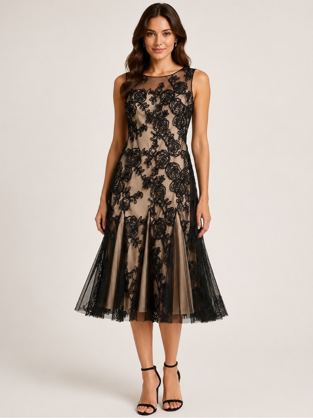 ONYX Nite Size 4 Black Nude Floral Embroidered Mesh Cocktail Dress